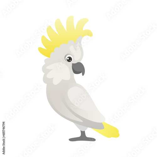 Funny cute cockatoo parrot isolated on white. Cartoon children character. Vector simple illustration of Australian bird.