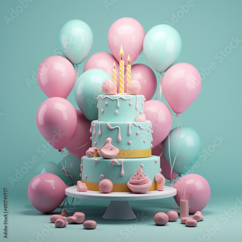 Multitiered blue birthday cake on a stand with candles and balloons in blue and pink colors on a blue background