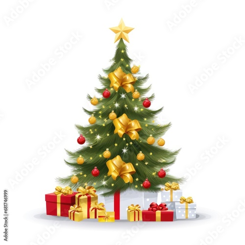 Christmas decorated tree. Festive Christmas colorful tree on white background