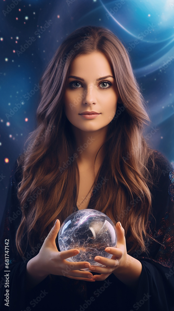 Naklejka premium maga beldade com bola de cristal magia do universo 