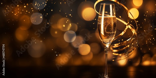 Two Full Champagne Flutes, Sparkling with Christmas Lights in a Dark Background, Showered in Golden Dust, Wishing You a Silver and Happy New Year