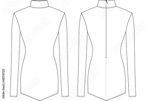 turtleneck long sleeve mini dress flat technical drawing sketch cad mockup template fashion woman photo