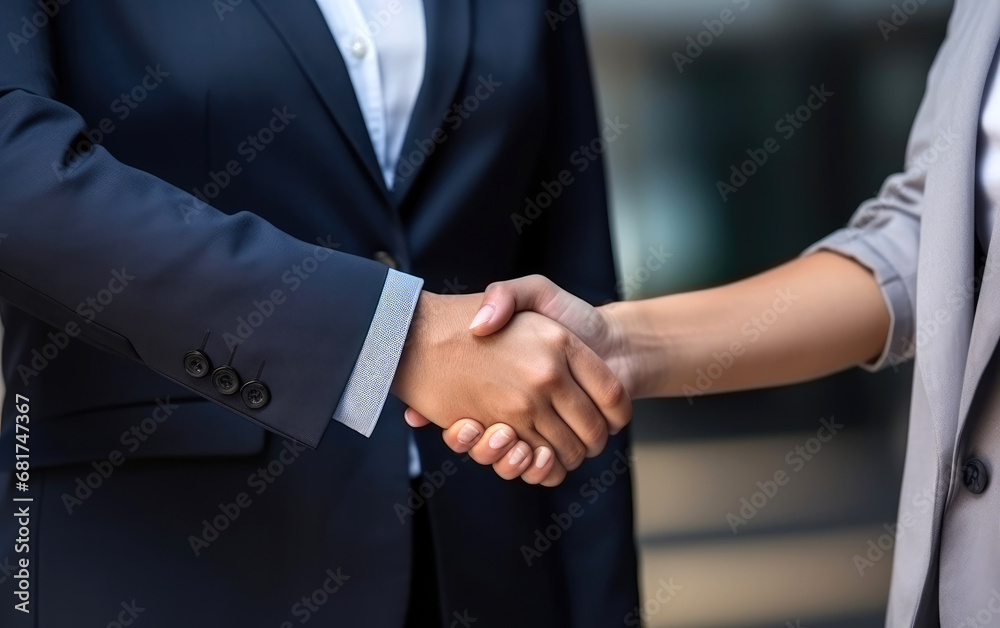 Businessman shaking hands with businesswoman. Business vibe Businessman shaking hands with businesswoman. Business vibe