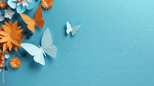Enrichment with calendula marigold blooms and origami paper butterflies on blue background photo