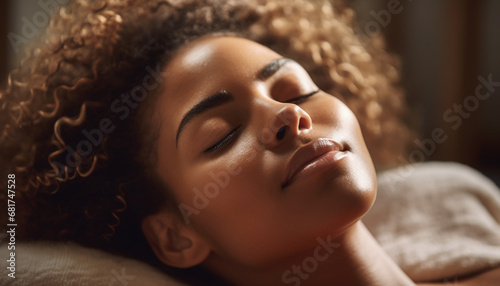 One young woman, eyes closed, serene, enjoying indoor relaxation generated by AI