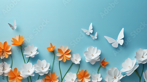 Enrichment with calendula marigold blooms and origami paper butterflies on blue background