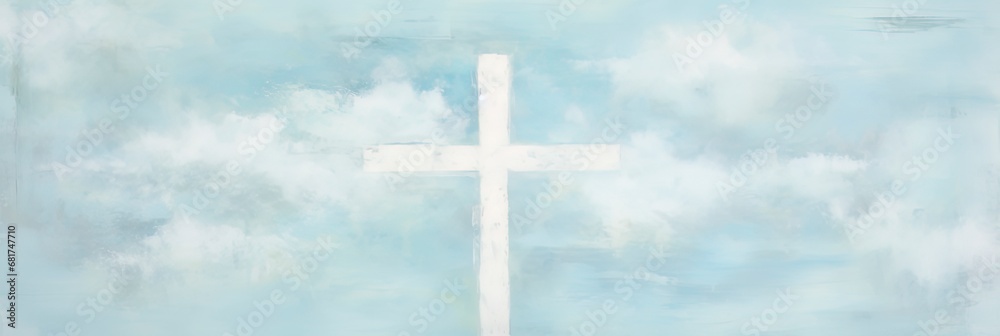 Grungy abstract blue and white christian themed background with a cross.