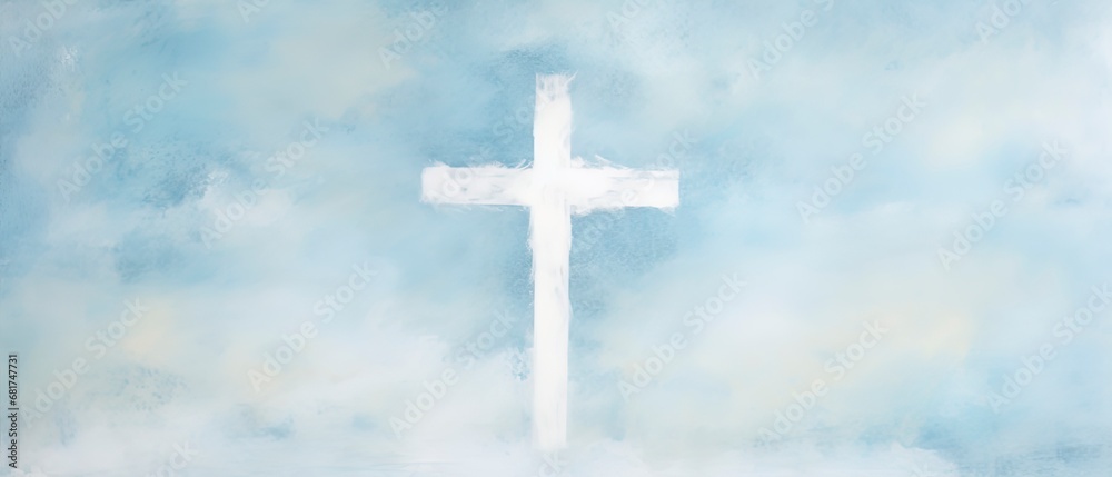 Grungy abstract blue and white christian themed background with a cross.