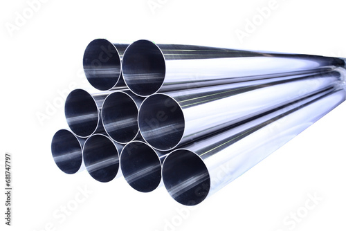 stainless steel pipes metal pipe piping water conduit isolated on background kroma key metallic piece photo