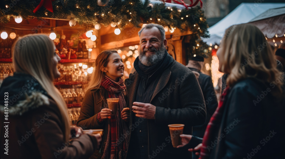 A group of people standing at a Christmas market and drinking wine, Christmas party