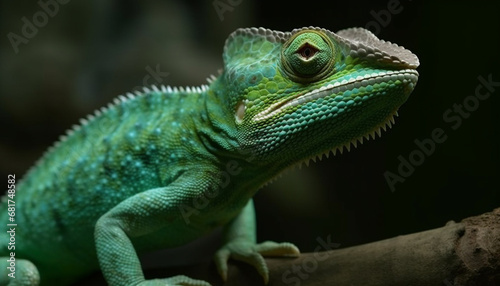 Green lizard on branch, scales and eyes in sharp focus generated by AI