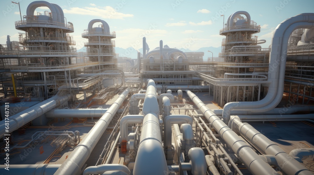 a natural gas compressor station from an aerial perspective, the vast network of engines and piping that extends for miles, providing a realistic portrayal of industrial infrastructure. a natural gas compressor station from an aerial perspective, the vast network of engines and piping that extends for miles, providing a realistic portrayal of industrial infrastructure.