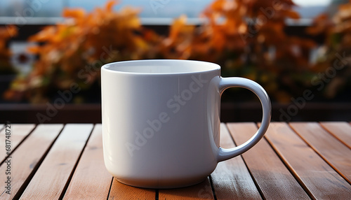 Coffee cup on wooden table in outdoor nature background generated by AI
