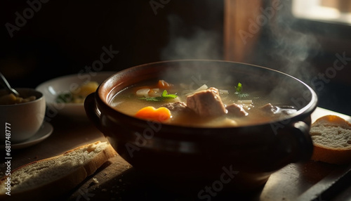 Freshly cooked beef stew in a rustic wooden bowl generated by AI