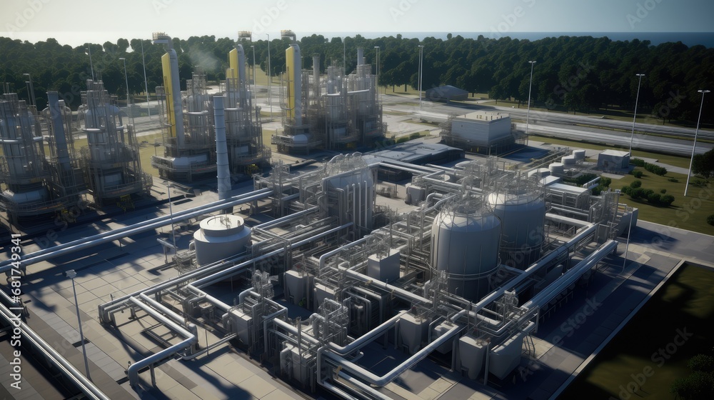 a natural gas compressor station from an aerial perspective, the vast network of engines and piping that extends for miles, providing a realistic portrayal of industrial infrastructure.