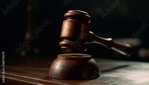 Justice served on antique wooden table in selective focus shot generated by AI