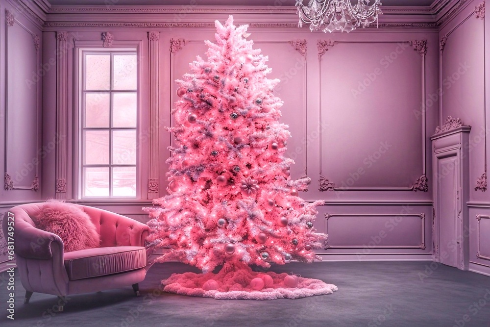 Christmas tree with pink armchair in classic interior. Christmas tree with pink armchair in classic interior.