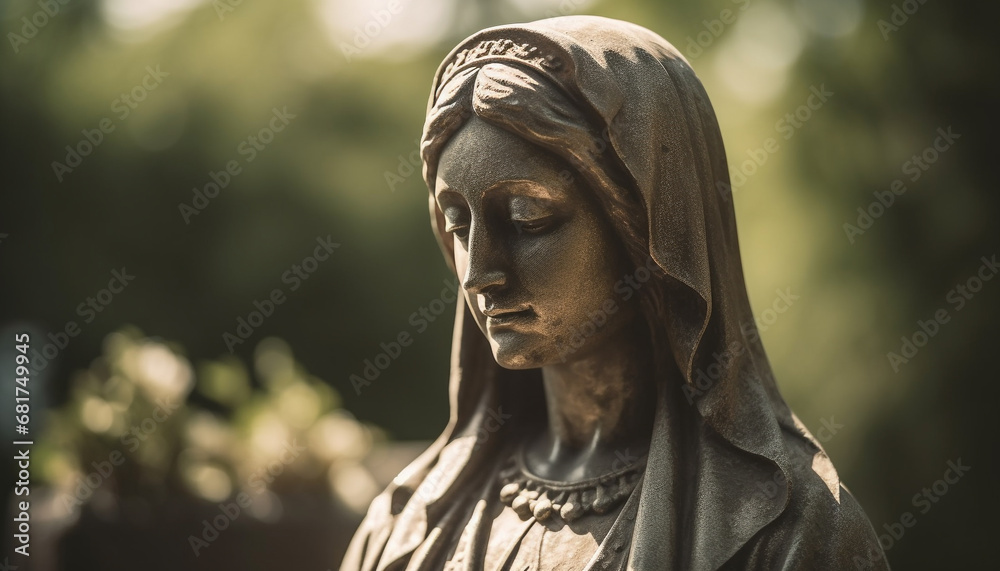 Praying woman meditates at famous tombstone, surrounded by gothic architecture generated by AI Praying woman meditates at famous tombstone, surrounded by gothic architecture generated by AI