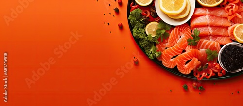 On an overhead view, a red plate displayed an array of delicious seafood appetizers such as salmon, caviar, and finger snacks, with a hint of lemon adding a tangy twist to the salty fish. photo