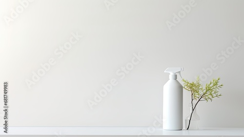 an unmarked plastic white spray bottle placed on a table with an off-white solid background  with space for accompanying text or invitations.