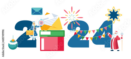 2024 New Year, background, calendar, gifts. People Santa Claus and Snow Maiden are preparing for the holiday. Modern cartoon flat design concept for flyer, mobile app page, magazine, poster. Vector