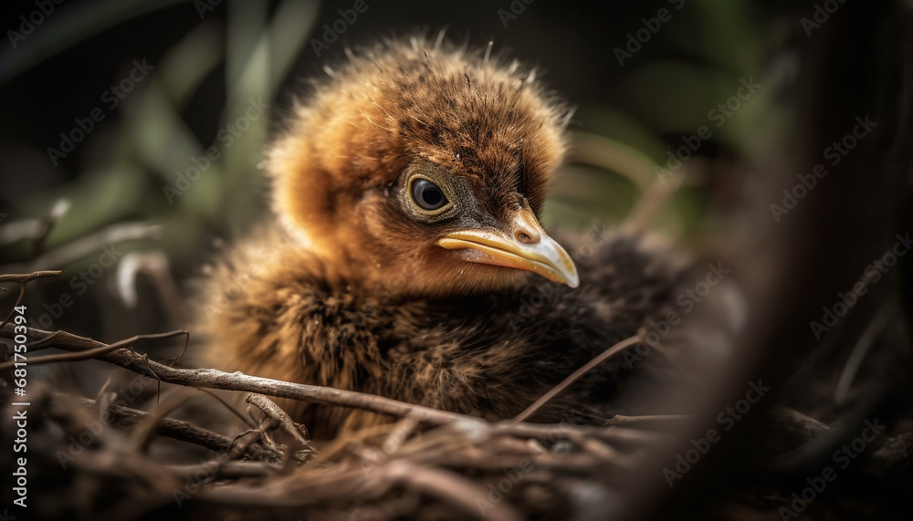 Fototapeta premium Fluffy yellow hatchling peeks from bird nest in rural scene generated by AI