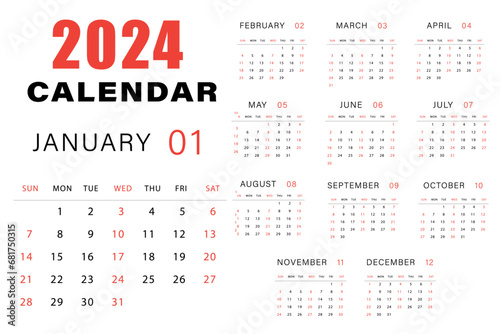 Calendar 2024 week start Sunday. Corporate design planner template vector. Calendar planner 2024