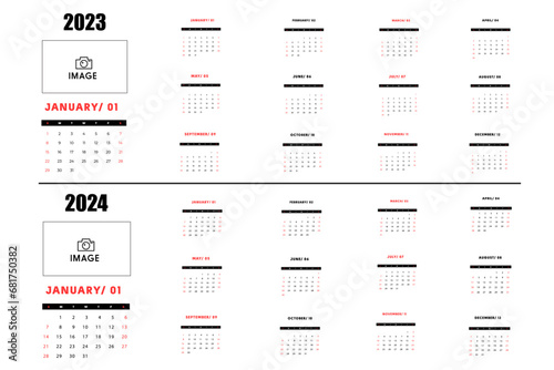 Calendar 2024 and calendar 2023 week start Sunday. Corporate design planner template vector