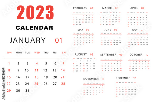 Calendar 2023 week start Sunday. Corporate design planner template vector. Calendar planner 2023