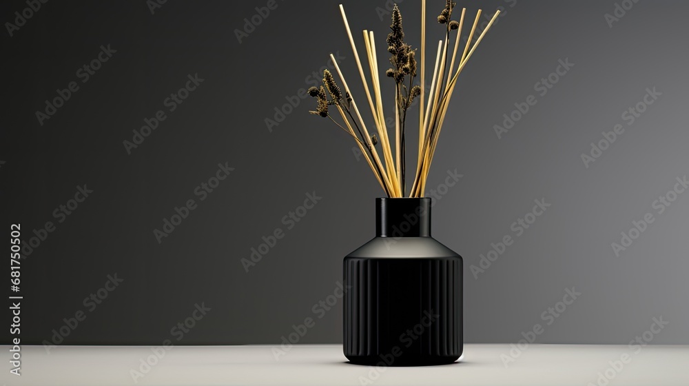 a black reed diffuser bottle with minimalistic design and golden details, a modern minimalist style and ensure there's ample space for accompanying text or invitations.