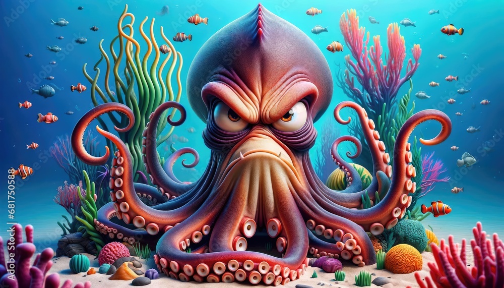Mean-Looking Octopus Underwater
