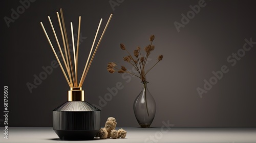 a black reed diffuser bottle with minimalistic design and golden details, a modern minimalist style and ensure there's ample space for accompanying text or invitations.