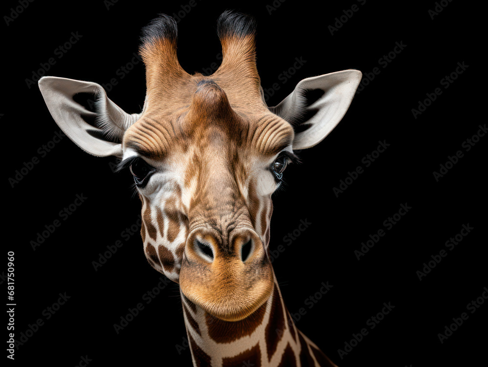 Fototapeta premium Giraffe Studio Shot Isolated on Clear Black Background, Generative AI