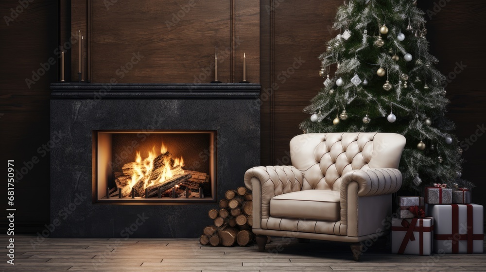 Naklejka premium a beautiful leather chair adorned with a white velveteen blanket. In the background, showcase a cozy fireplace with stockings and a glimpse of a decorated Christmas tree.