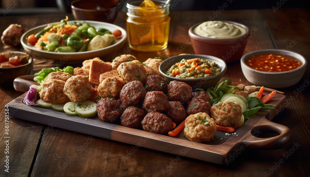 Grilled meatball appetizer on rustic wood table with fresh tomato generated by AI Grilled meatball appetizer on rustic wood table with fresh tomato generated by AI