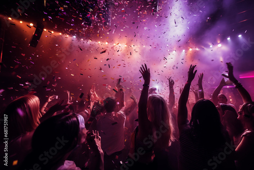 New Year party club, crowd at concert, new year's eve confetti