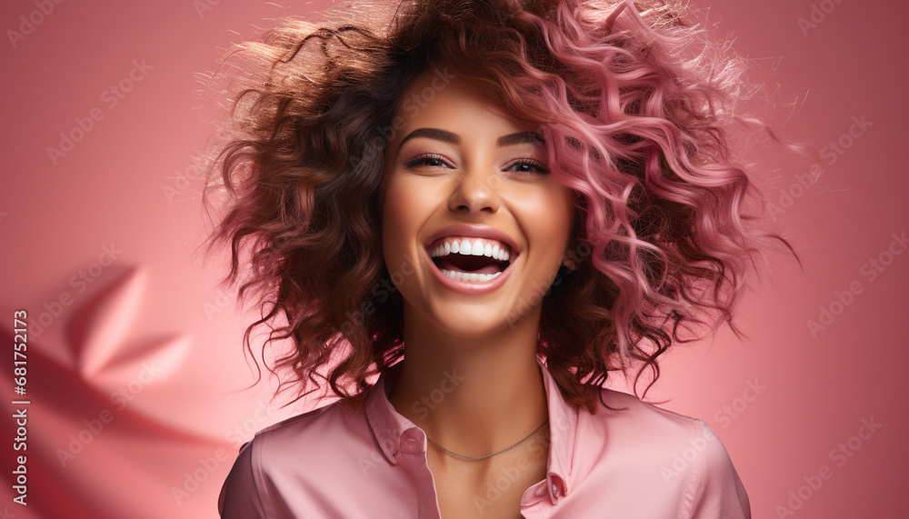 Young woman with curly hair smiling, looking at camera happily generated by AI