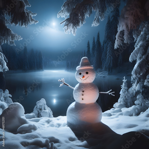 a snowman near a lake at night under the moonlight. Generative AI