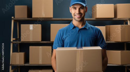Smiling delivery man in a blue uniform and cap is holding packaged box, ready for delivery. © MP Studio