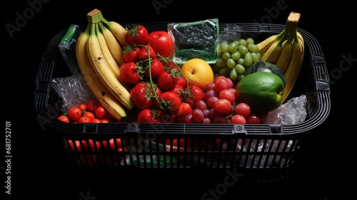 a black plastic grocery basket filled with an assortment of vibrant fruits  appealing composition that showcases freshness and variety.