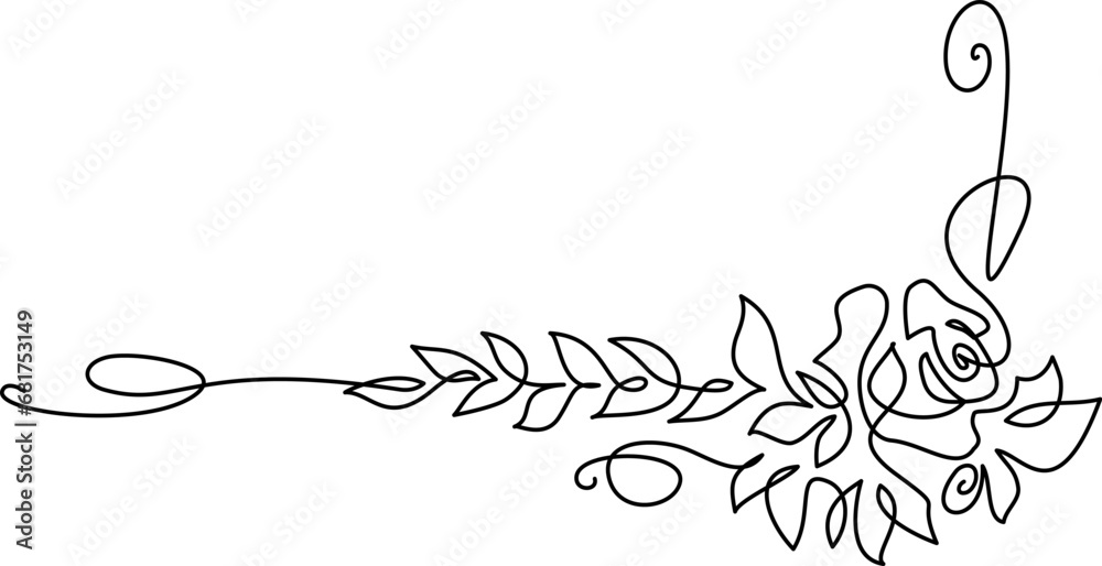 Frame garland of garden rose with leaves. Continuous one line drawing.