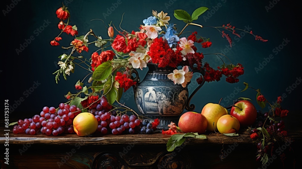 Still life with colorful leaves and blooms