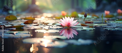 In the midst of a vibrant summer garden, the stunning lotus flower gracefully floated on the surface of the tranquil pond, showcasing its natural beauty and delicate petals, adding to the allure of photo