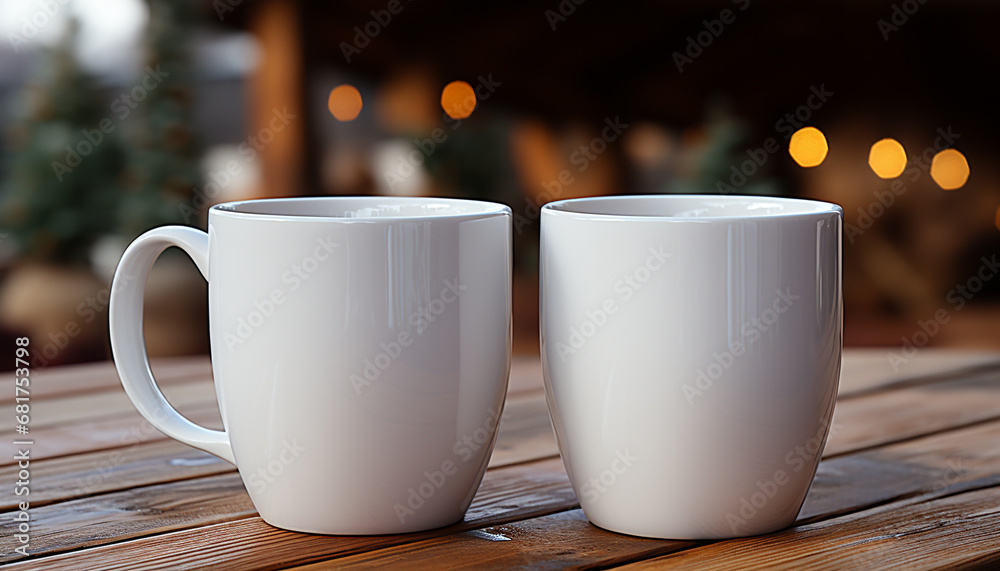 Wooden coffee cup on table, indoors, creating cozy atmosphere generated by AI Wooden coffee cup on table, indoors, creating cozy atmosphere generated by AI