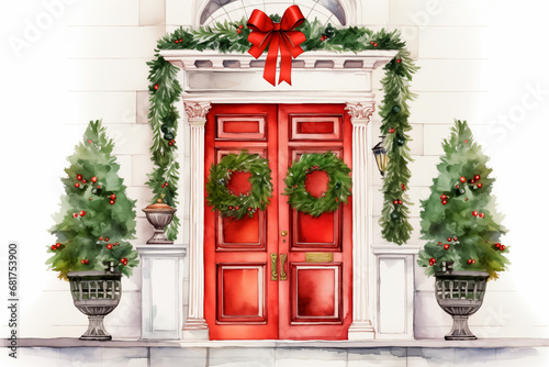 Red door with a green Christmas wreath watercolor style on a white background © KEA