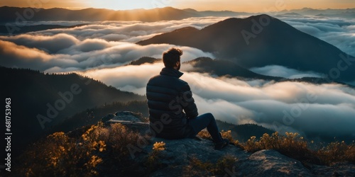 Man sitting in nirvana on top of cliff relaxing mountains and clouds aerial view Love and Travel happy emotions Lifestyle concept. Male Traveling active adventure vacations