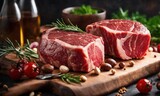 Variety of raw meat. Steak, ribeye, tenderloin fillet mignon from pork or beef. Cooking or barbeque ingredients