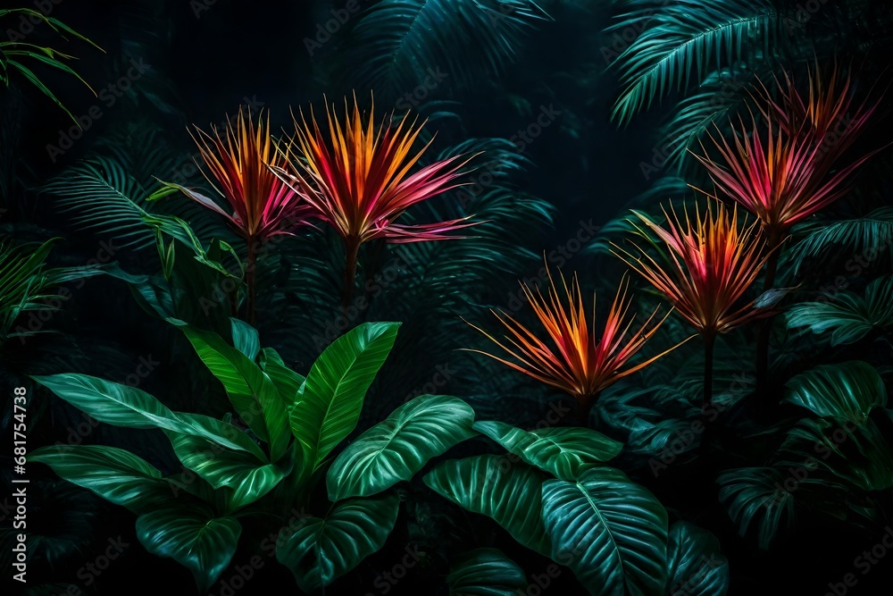 fireworks over the city, A creative layout installed with a tropical colorful plants forest glowing in the dark background