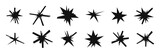 Trendy irregular black stars set. Hand drawn geometric scribble shapes, doodle starburst, modern retro grunge punk sticker design. Modern flat vector illustration