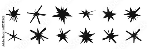 Trendy irregular black stars set. Hand drawn geometric scribble shapes, doodle starburst, modern retro grunge punk sticker design. Modern flat vector illustration